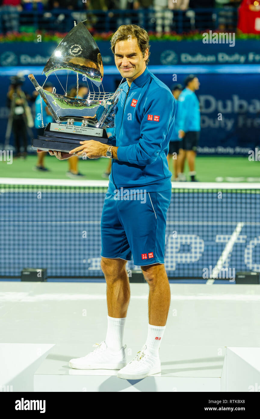 Dubai, UAE. 2nd March 2019. Roger Federer of Switzerland holds the