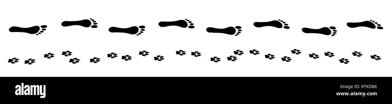 Human barefoot master with his dog. Lets go walkie footprints - illustration on white background. Stock Photo