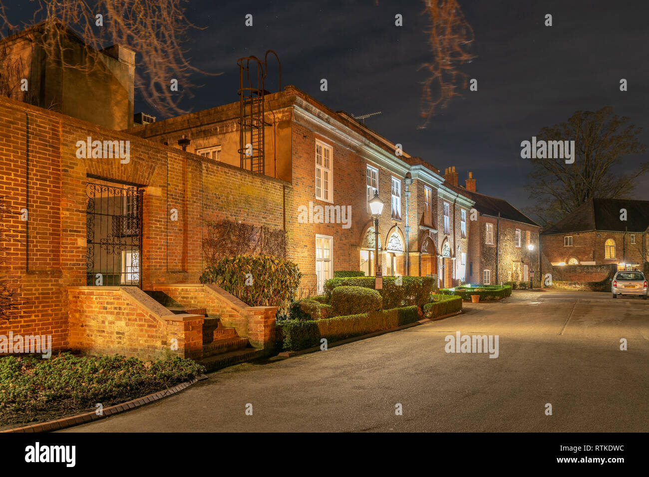 Hitchin Priory at night, Hertfordshire, England.  The hotel caters for weddings and events Stock Photo