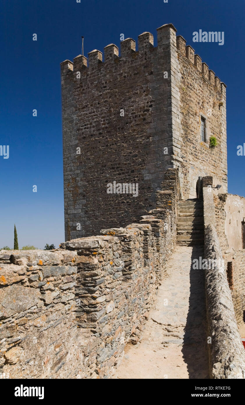 Old stone rampart wall and parapet at the Castle in Monsaraz, Portugal, Europe Stock Photo