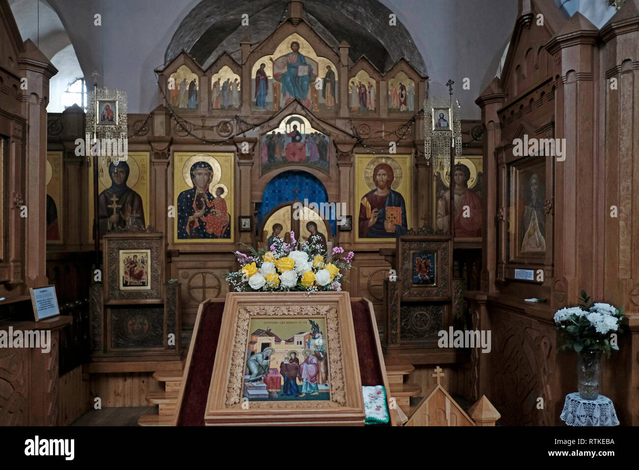 Icons inside the 16th century Eastern Orthodox church of St. Michael built  in the Belarusian Gothic architecture on the northern outskirts of the  village of Synkavichy, in Zelva District, Hrodna Province, in