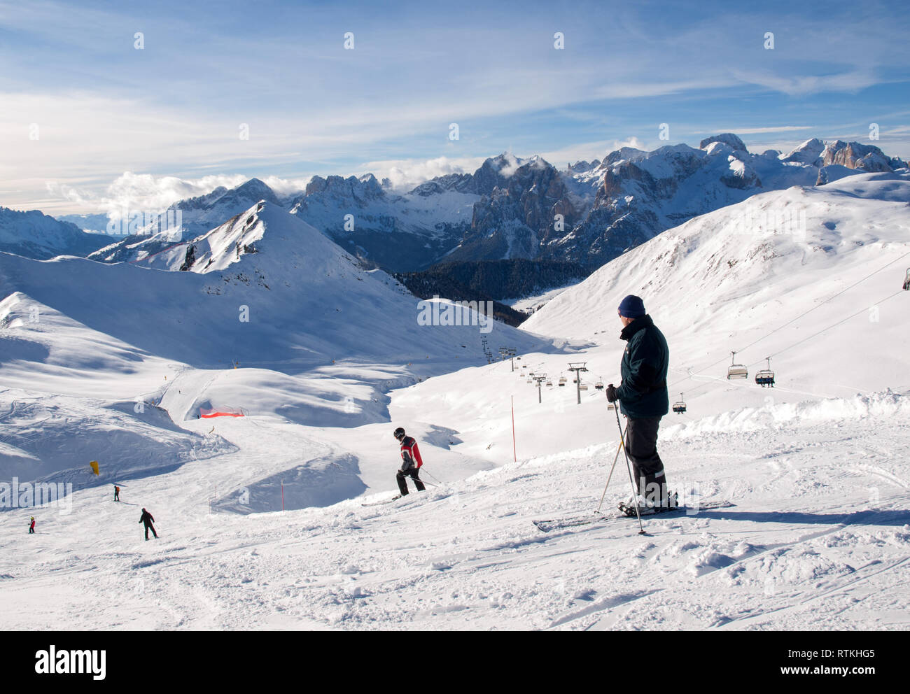 Skiing area in the Dolomites Alps. Overlooking the Sella group  in Val Gardena. Italy Stock Photo