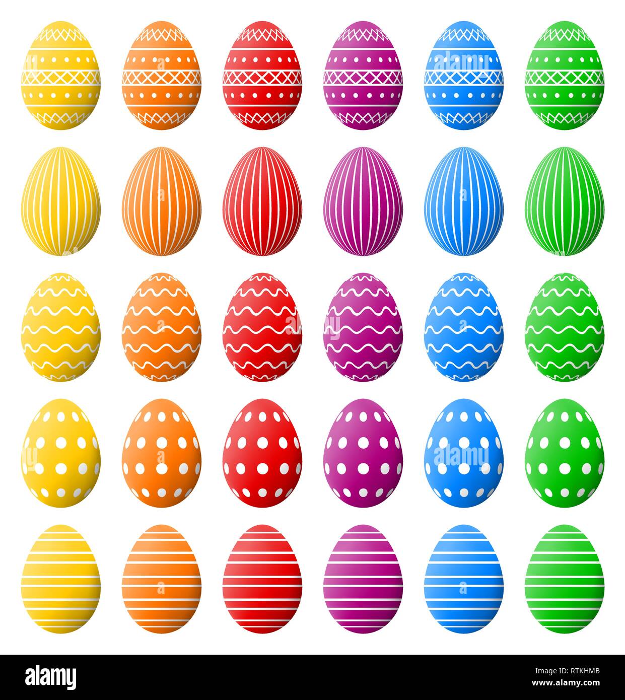 Colorful spectrum of Easter eggs for Easter holidays. High quality vector eggs isolated on white background. Stock Vector