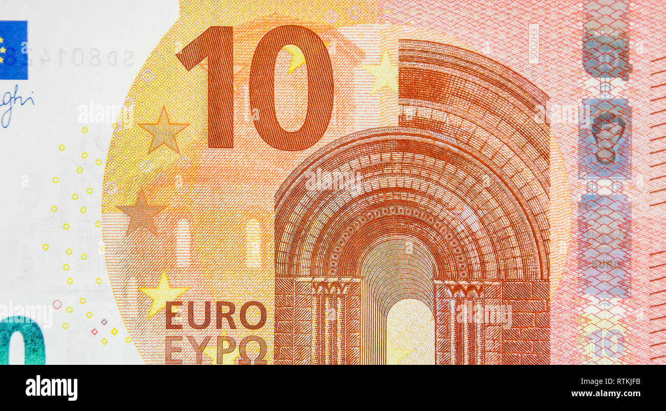 Zooming in of the 10 Euro paper bill. Showing the details of the back of the 10 Euro bill Stock Photo