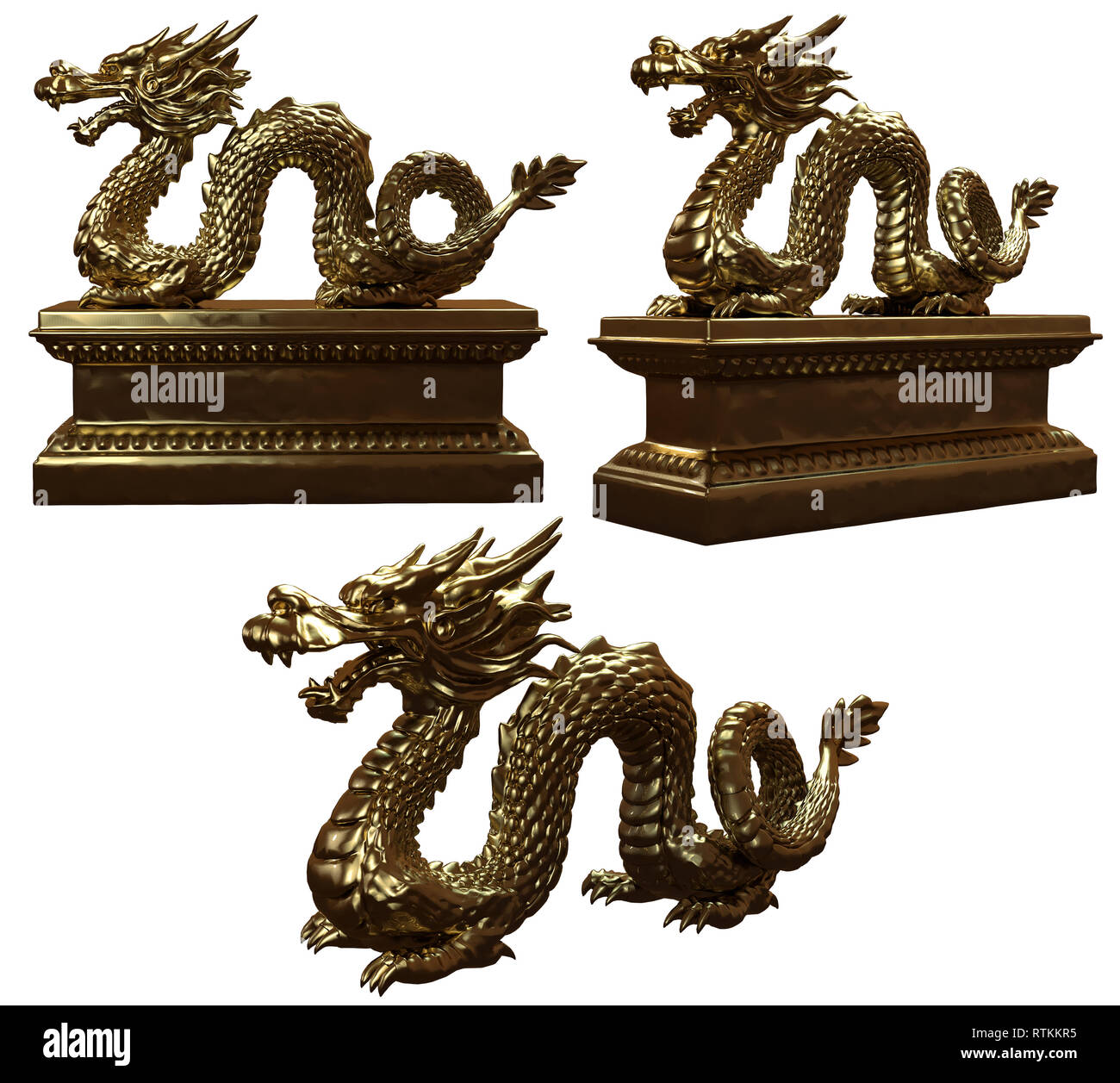 Golden dragon statues 3D renderings Stock Photo