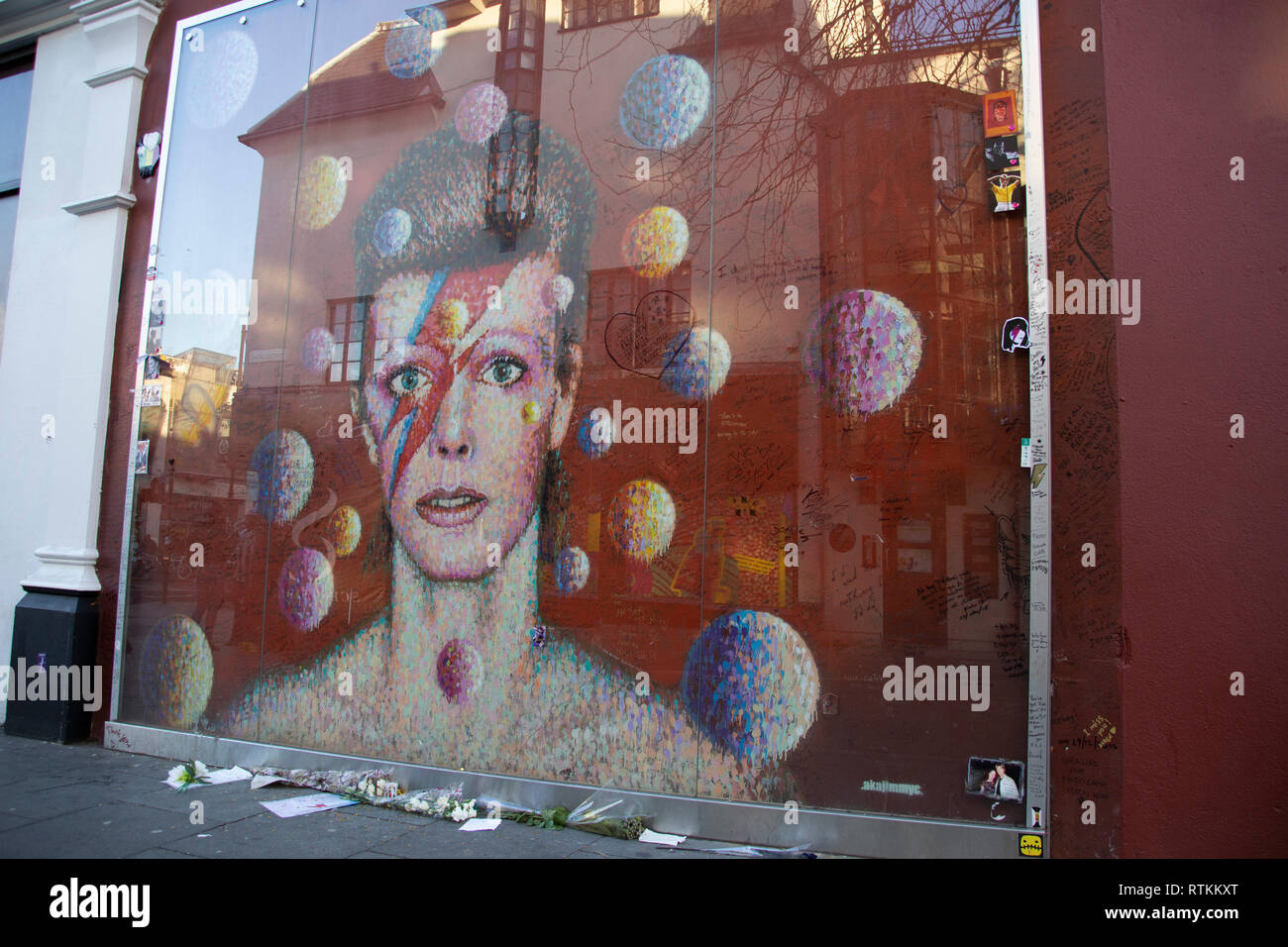 Portrait of David Bowie on a wall in Brixton. Street art. Stock Photo