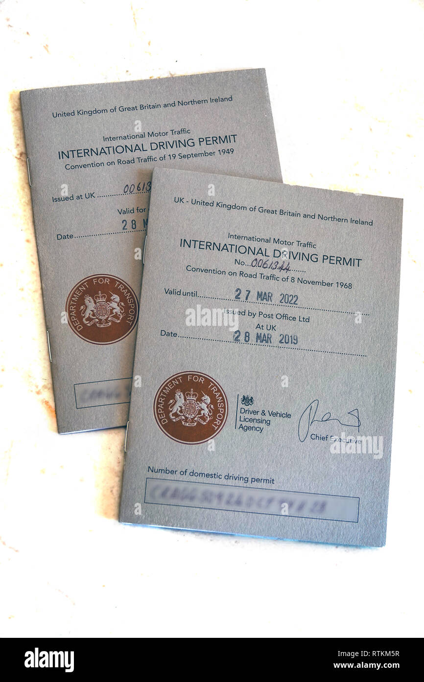 International Driving Permit - Showing the 1968 and 1949 versions of the IDP which allow you to drive in certain countries in Europe use Stock Photo