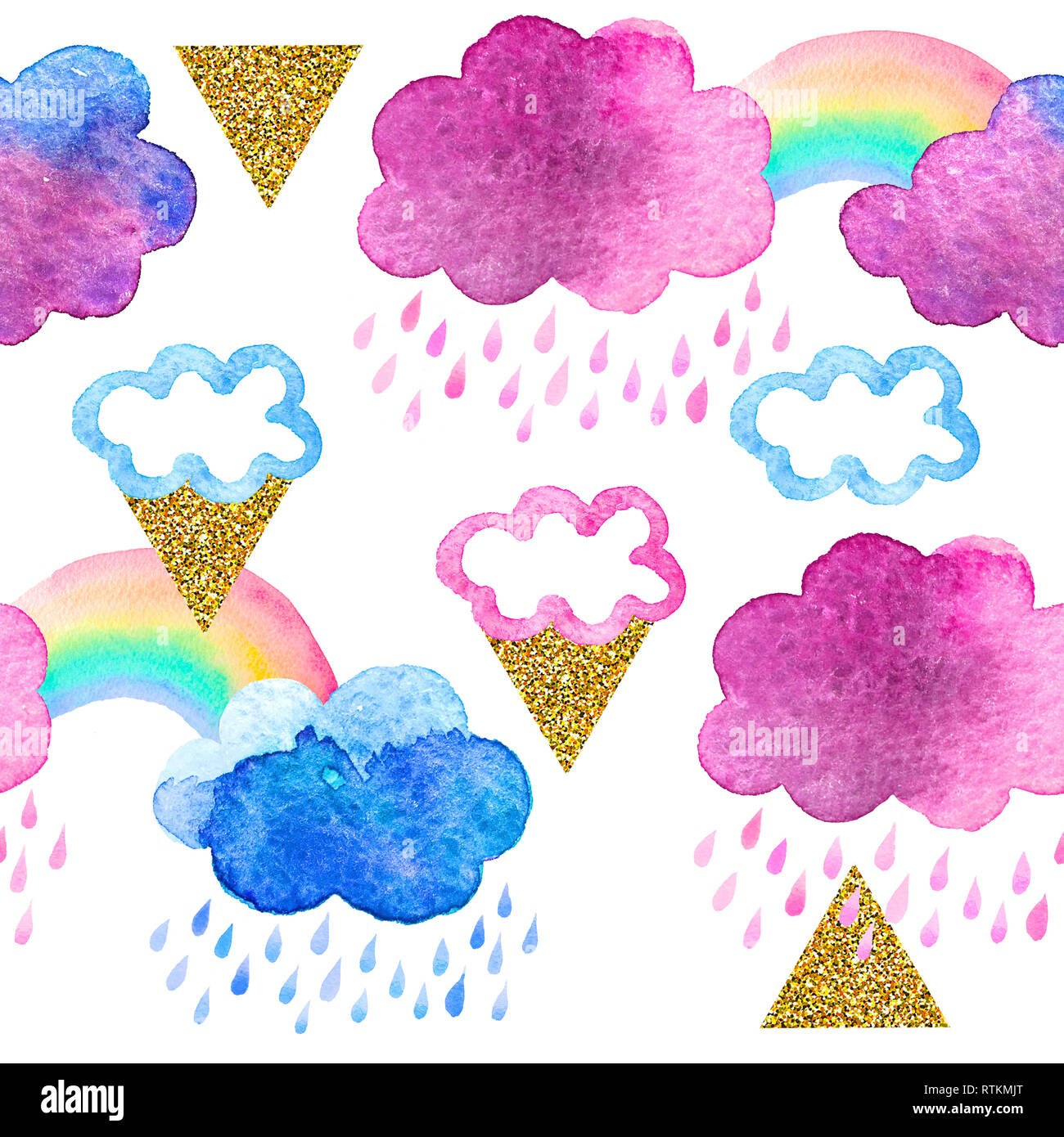 Cute watercolor clouds with rainbow and gold glitter elements. Seamless pattern with watercolor objects isolated on white background for your design:  Stock Photo