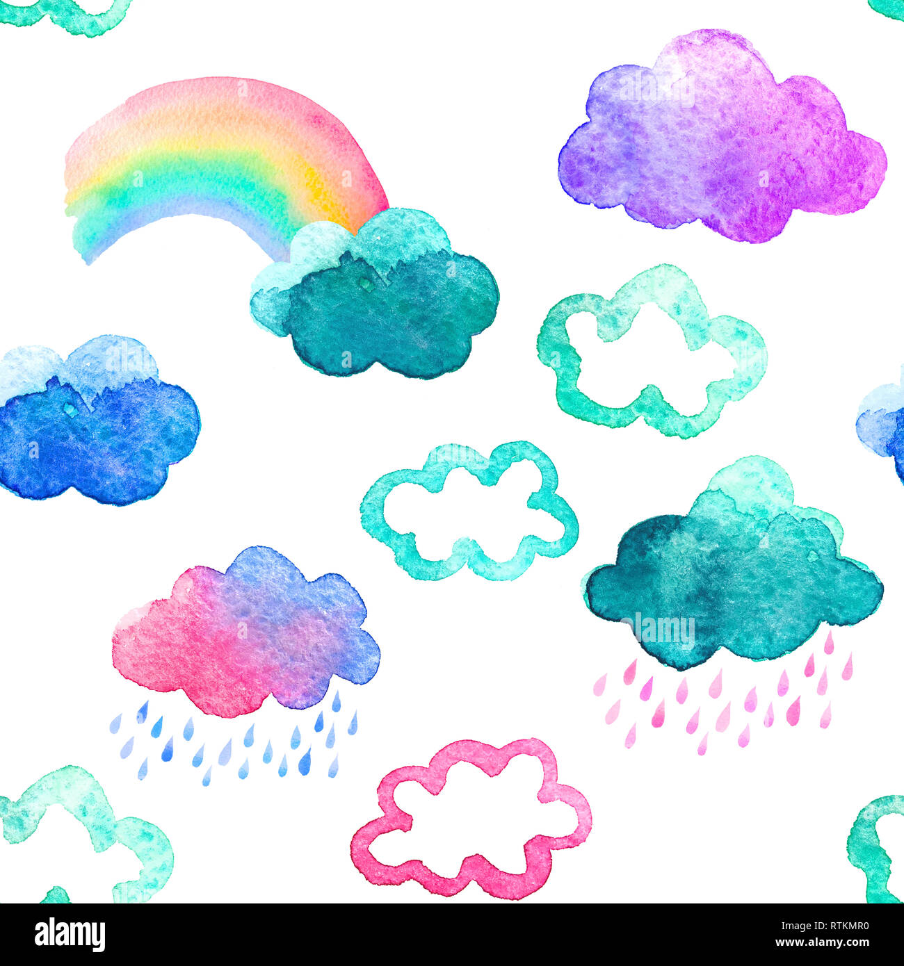 Cute watercolor clouds with rain and rainbow. Seamless pattern with watercolor objects isolated on white background for your design: textile, fabric,  Stock Photo