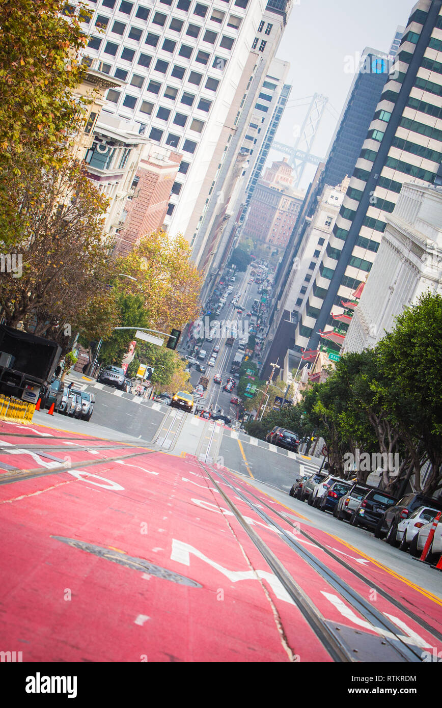 San Francisco Street Car Route towards the Financial District and Bay Bridge Stock Photo