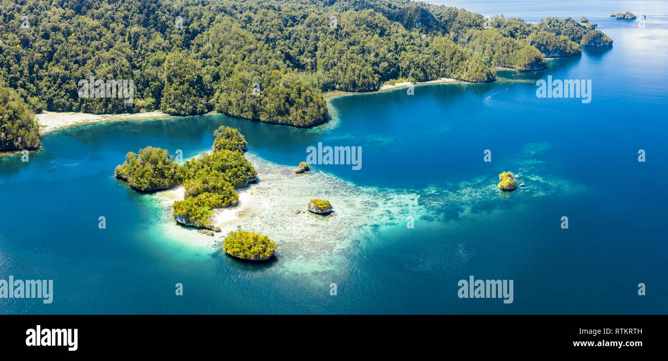 aerial view of Raja Ampat Islands, West Papua, Indonesia, Pacific Ocean Stock Photo