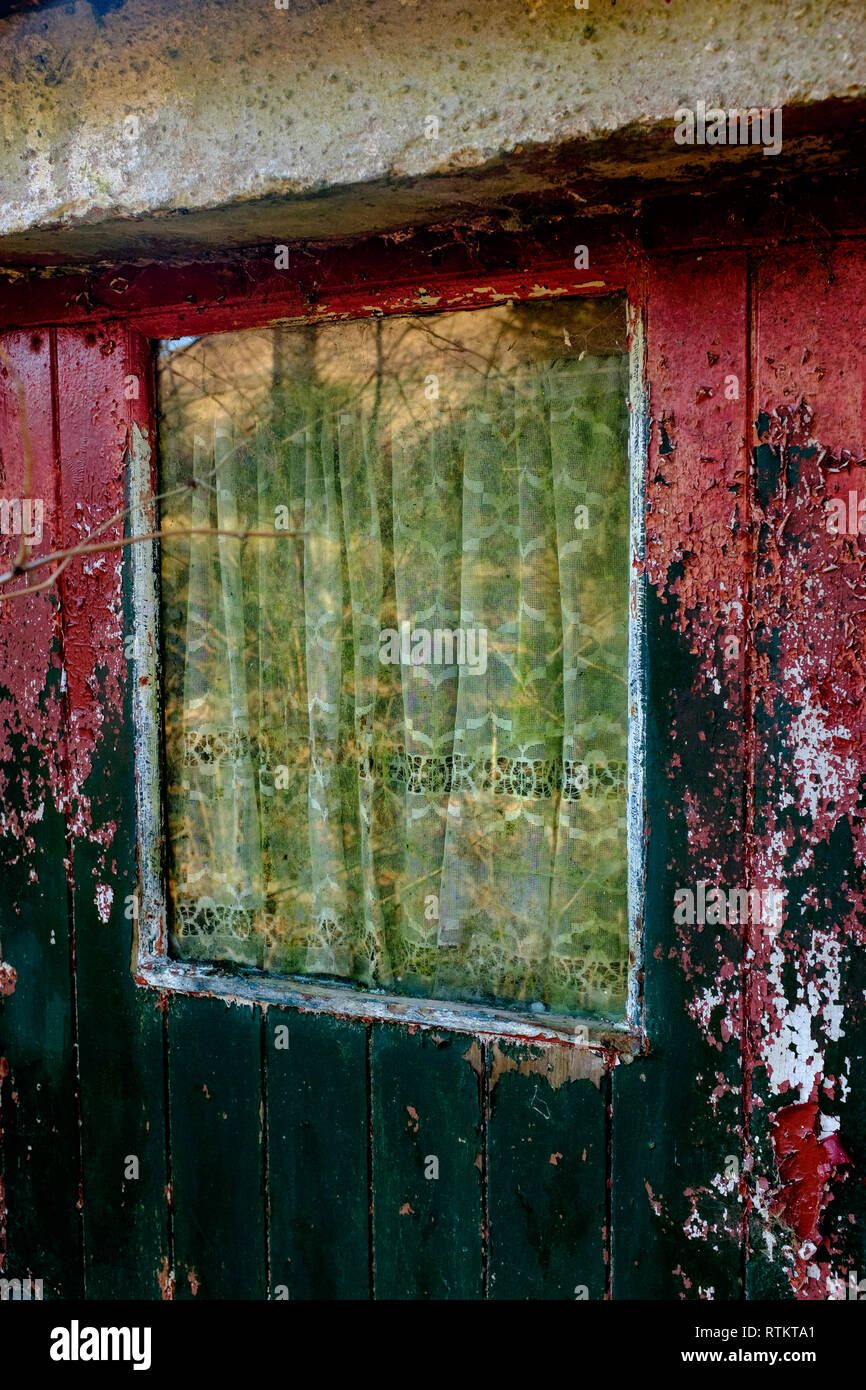 Net Curtains Closed Shut On The Inside Of An Abandoned Farm House