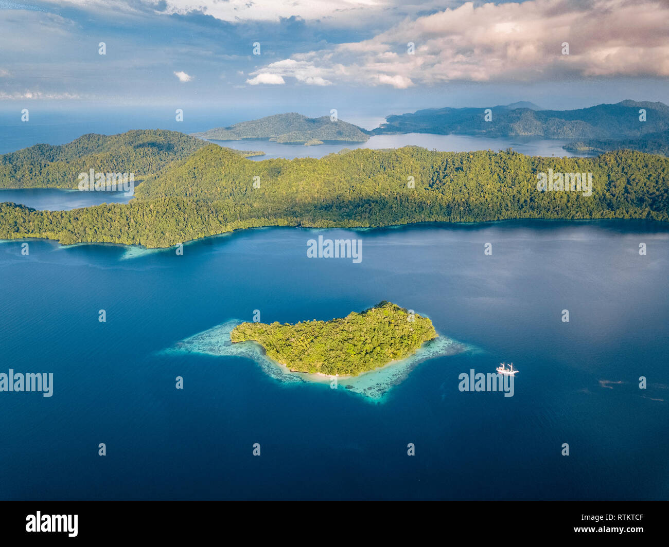 aerial view of tropical islands, West Waigeo, Raja Ampat Islands, West Papua, Indonesia, Pacific Ocean Stock Photo