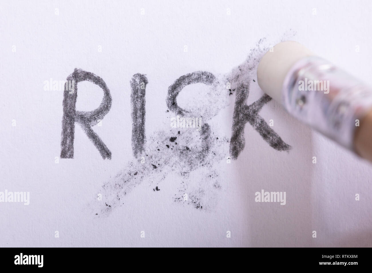 Close-up Of Pencil Eraser Erasing Risk Text On White Paper Stock Photo