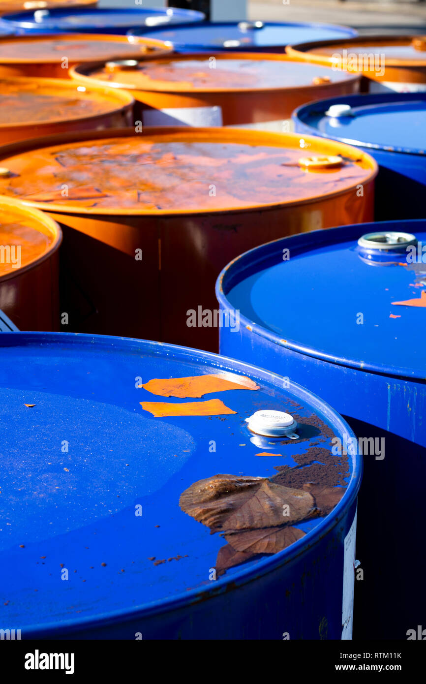 Top of 200 litre 55 US gallon empty gasoline drums in storage area
