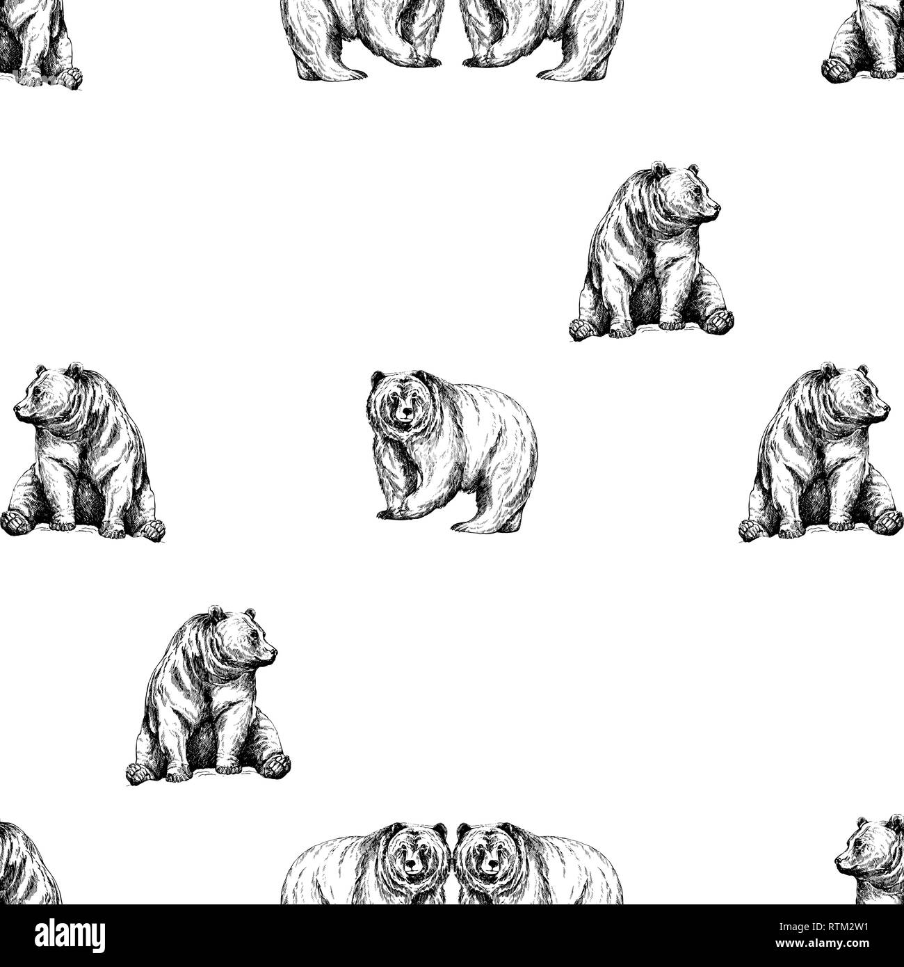 Seamless pattern of hand drawn sketch style bears isolated on white background. Vector illustration. Stock Vector