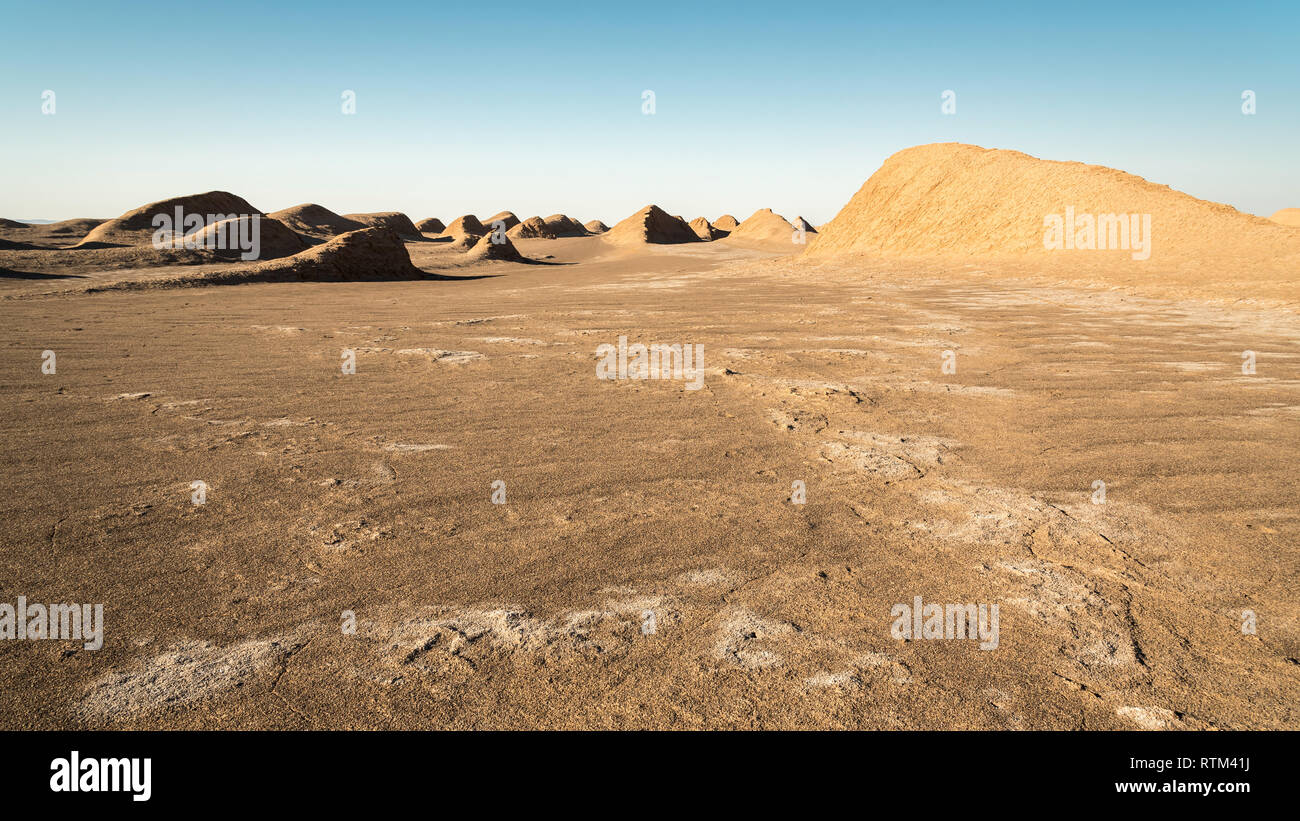 View of egg  mountains, yardangs in Kaluts desert, part of Dasht-e Lut desert in province Kerman, Iran Stock Photo
