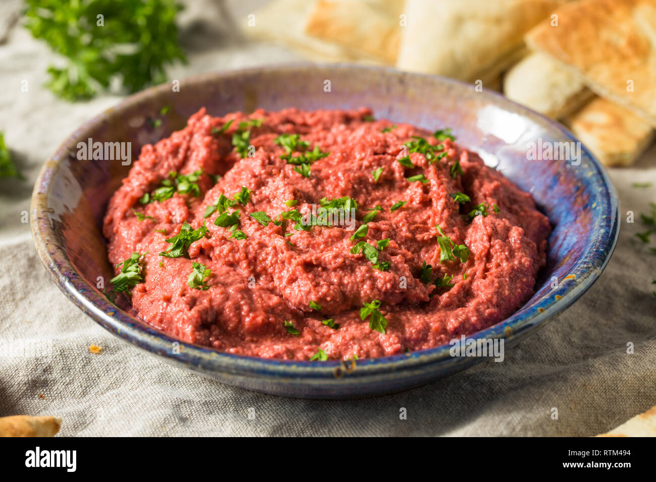 Homemade Red Beet Hummus with Pita Bread Stock Photo Alamy