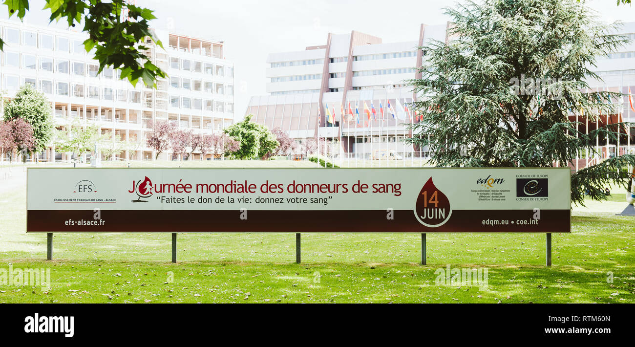 STRASBOURG, FRANCE - JUNE  6, 2015: World Blood Donor Day advertising banner in front of the Council of Europe in Strasbourg EDQM Stock Photo