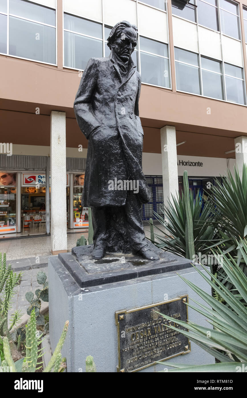 Lima Peru, July 2018: Monument to César Vallejo, a Peruvian poet recognized worldwide, in the central streets of Lima, Peru. Stock Photo