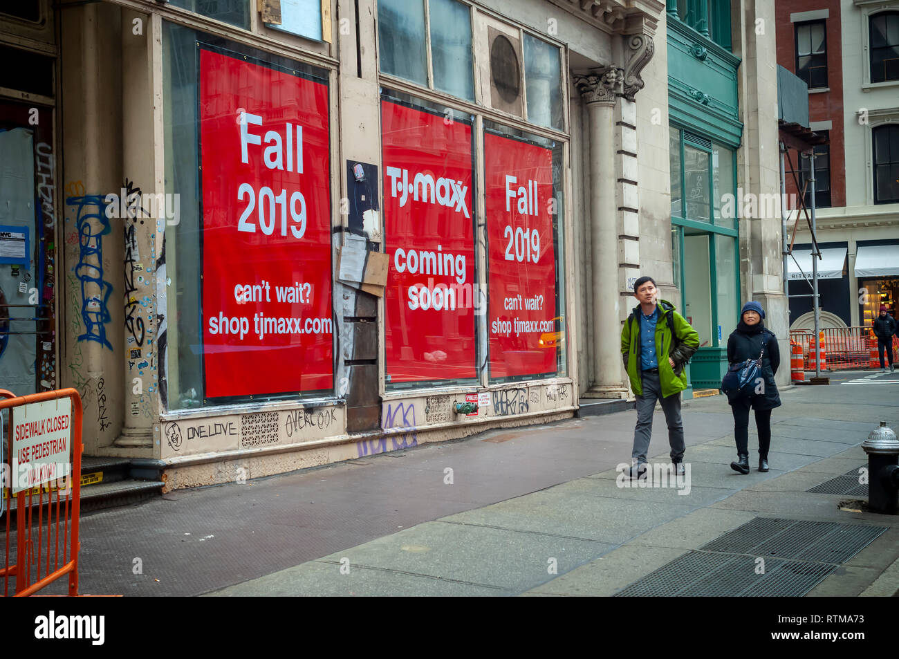 Signage on a storefront in the Soho neighborhood of New York informs of the imminent arrival of a location of  the T.J. Maxx off-price retailer on Sunday, February 24, 2019.  (Â© Richard B. Levine) Stock Photo