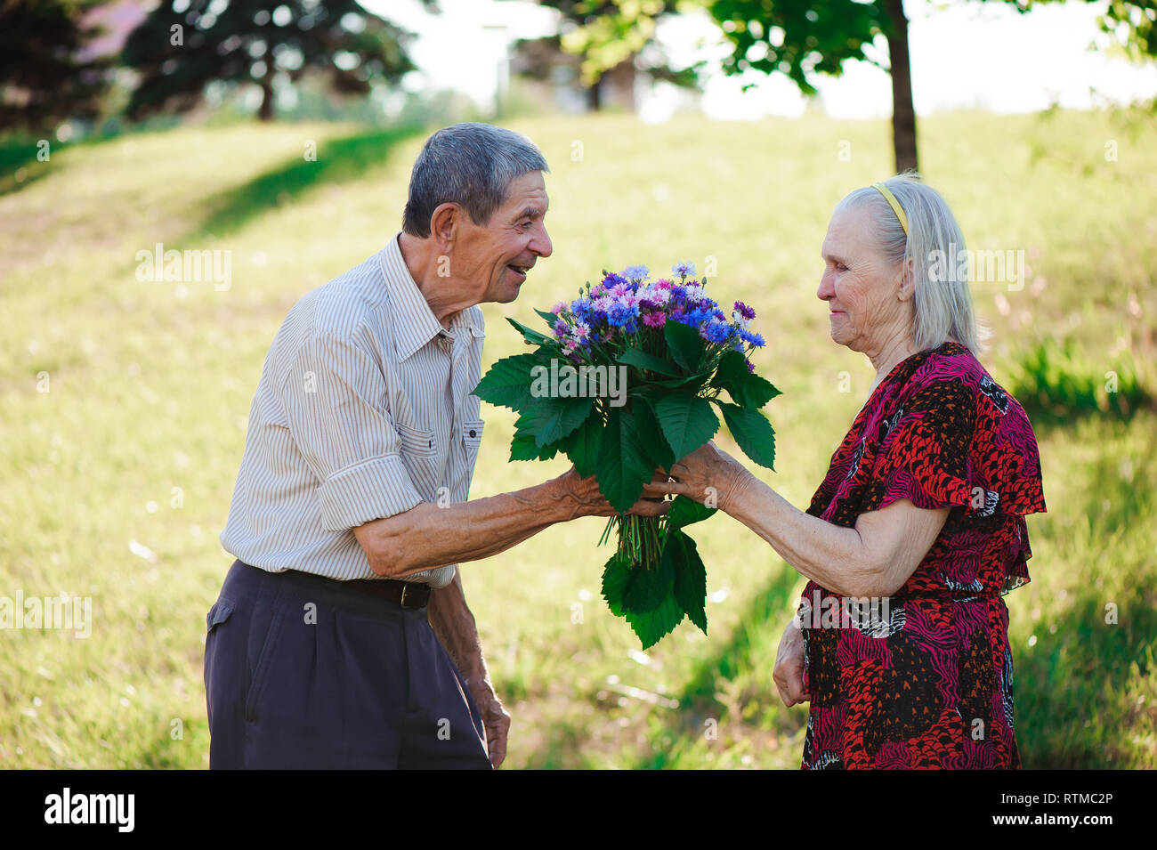 An Elderly Man Of 80 Years Old Gives Flowers To His Wife In A Summer
