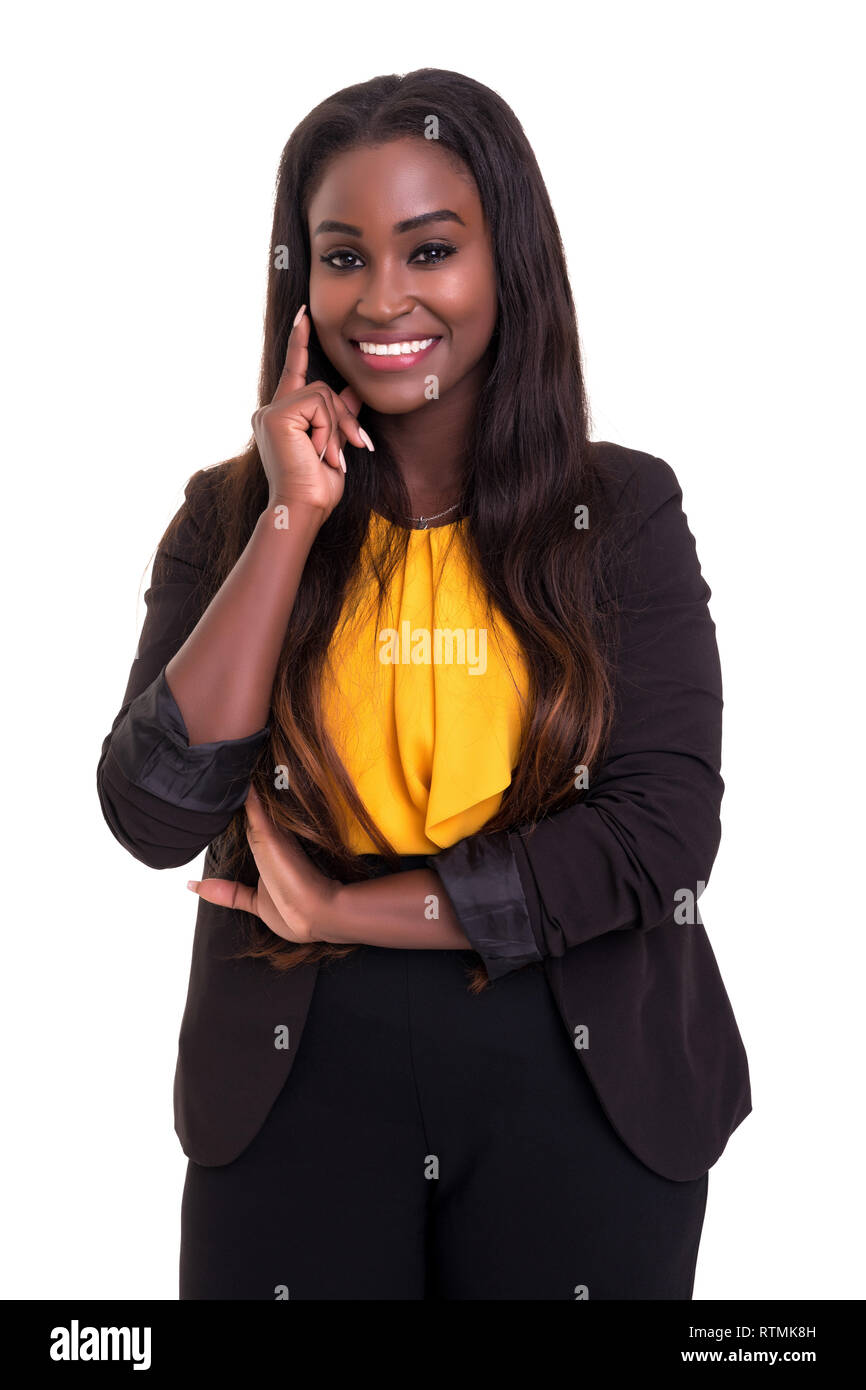 Beautiful african business woman posing isolated over white background ...