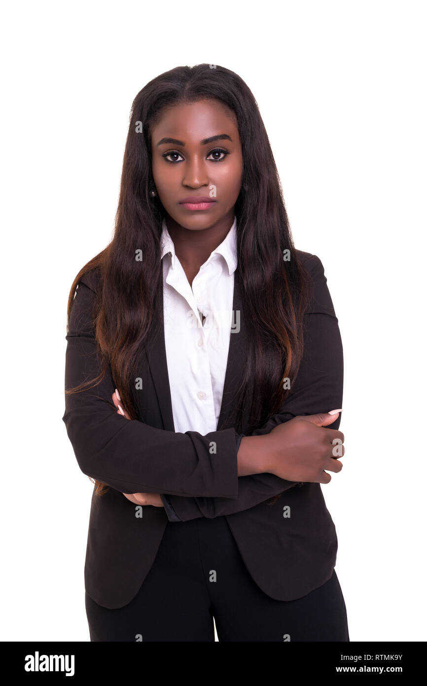 Beautiful african business woman posing isolated over white background ...