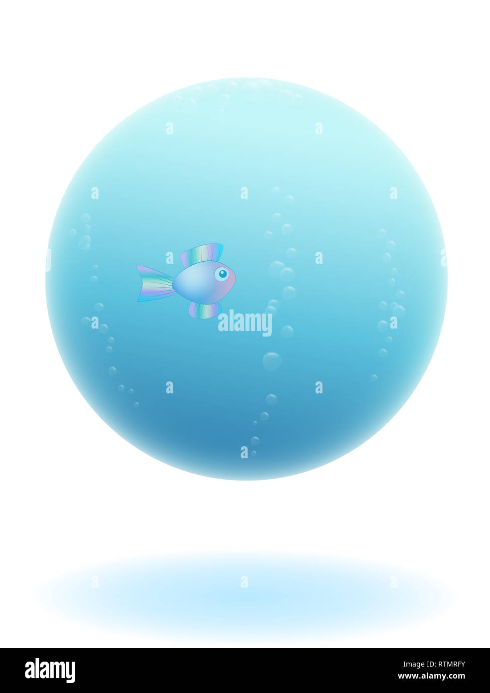 Lonely fish in water sphere. Blue misty ball with some bubbles - illustration on white background. Stock Photo