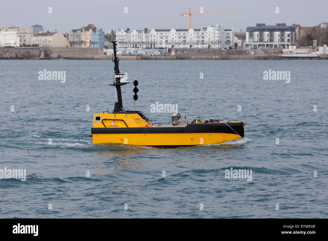 Plymouth, Devon, UK.1st March, 2019. C-Worker 74 is a multi-role work class autonomous ASV undergoing testing in Plymouth Stock Photo