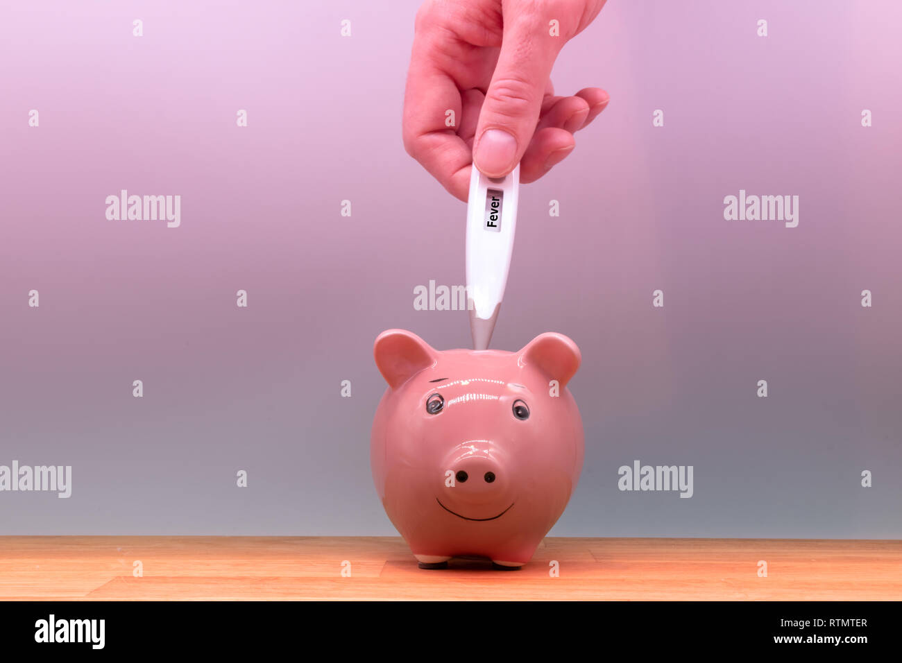 Symbol for swine flu or Symbol for having no money. Hand holds a thermometer to a piggy bank. Stock Photo
