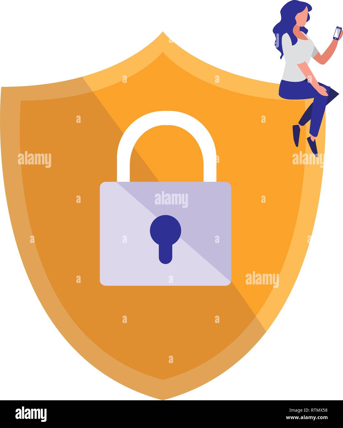 woman using shield security with padlock vector illustration design ...