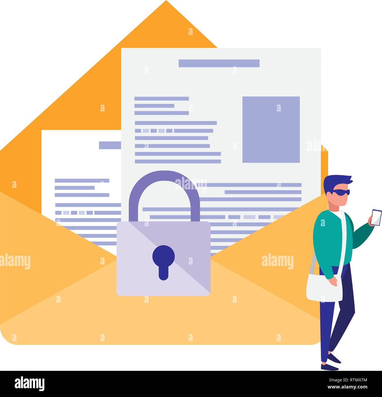 man using envelope mail with padlock vector illustration design Stock Vector