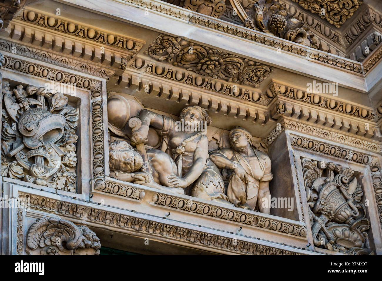 2 JUNE 2018, MILAN, ITALY Sculptures of saints and martyrs decorating