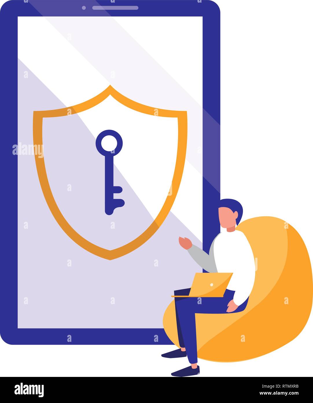 man using smartphone with shield and key vector illustration design Stock Vector