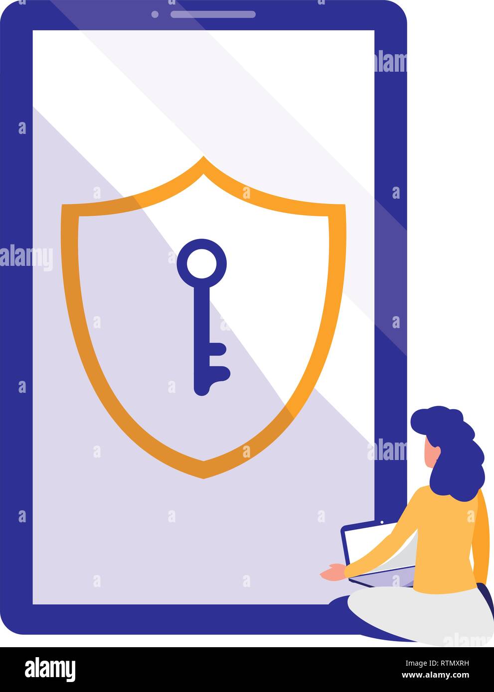 woman using smartphone with shield and key vector illustration design Stock Vector
