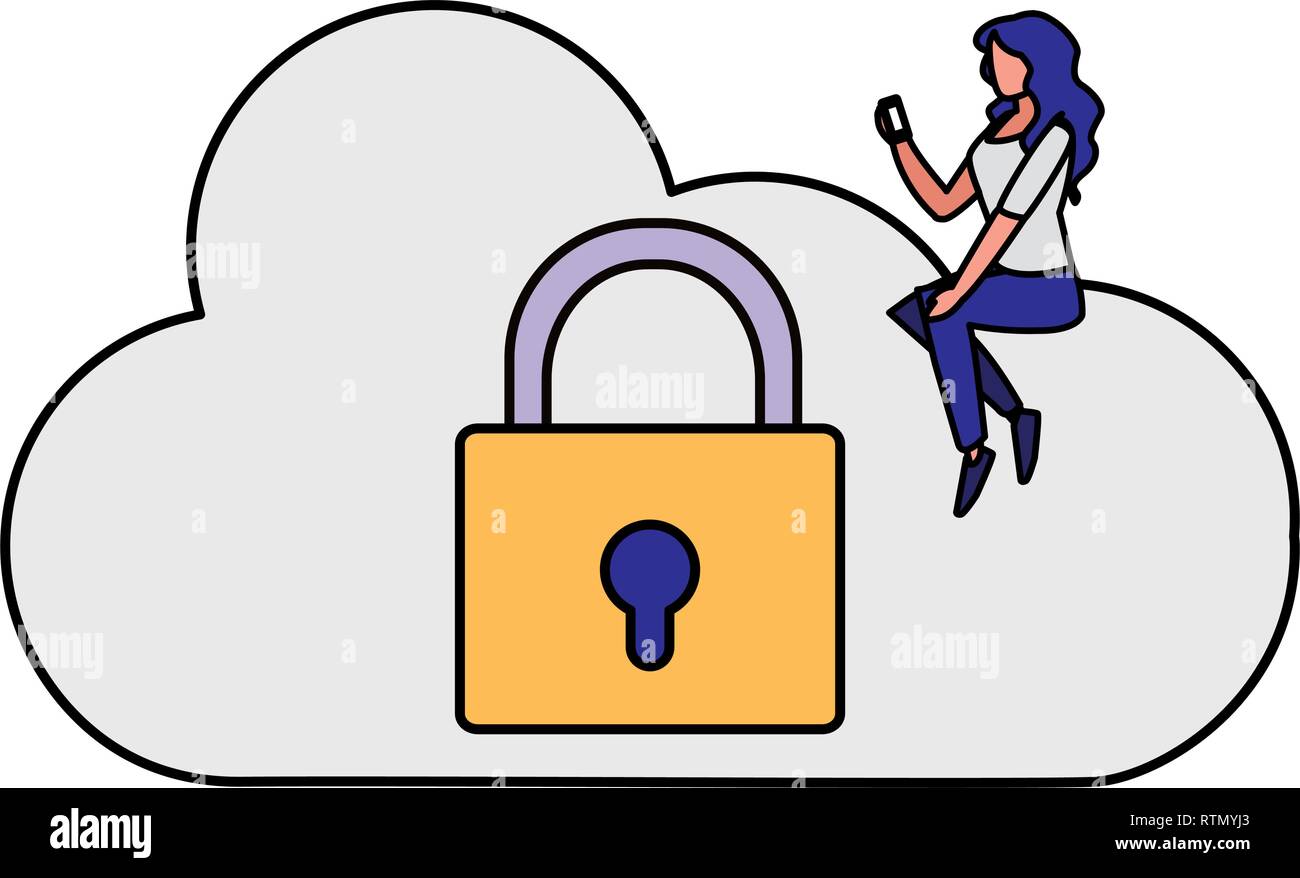 woman using safe secure padlock with cloud computing vector ...