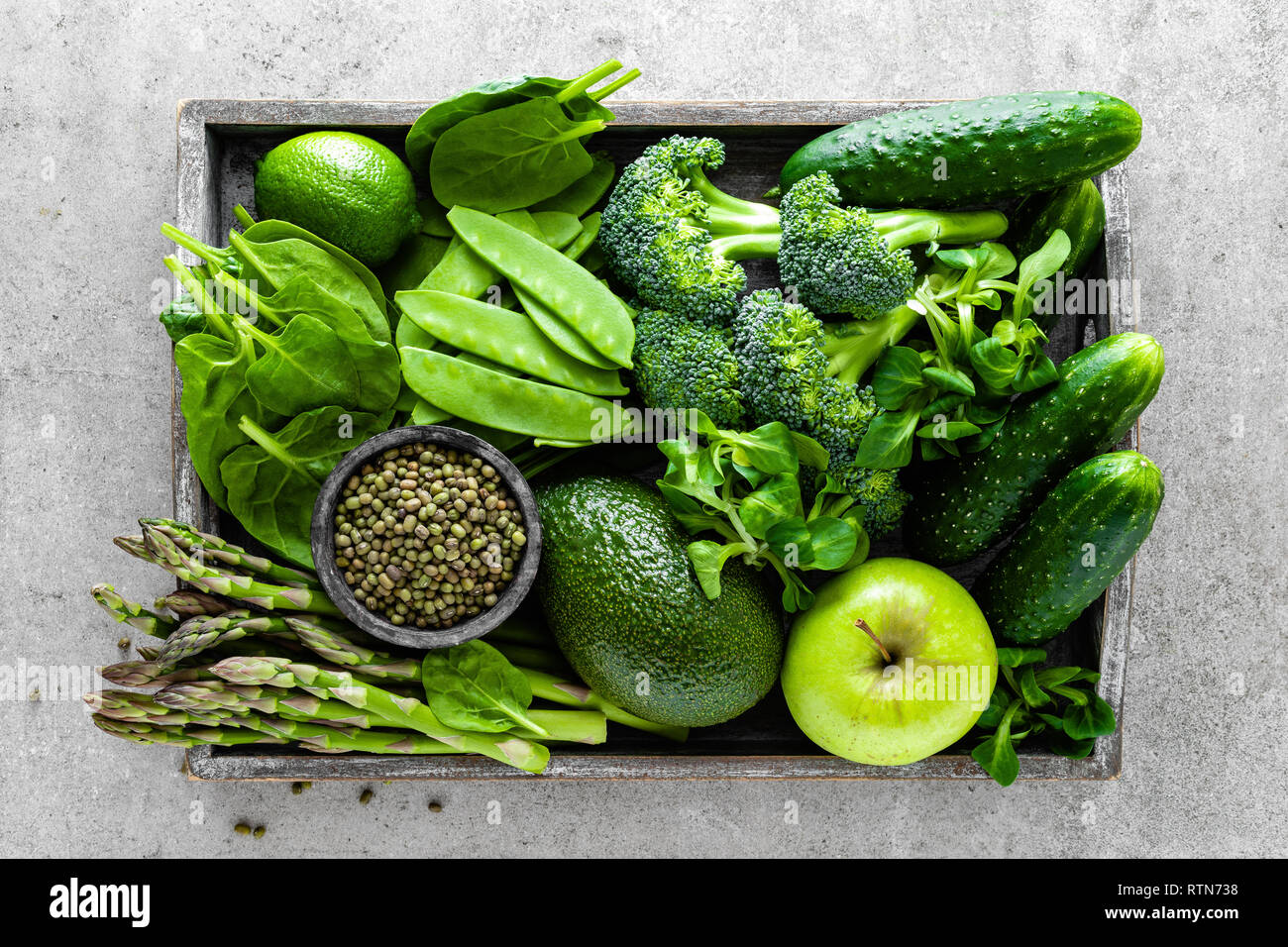 Healthy vegetarian food concept background, fresh green food selection ...