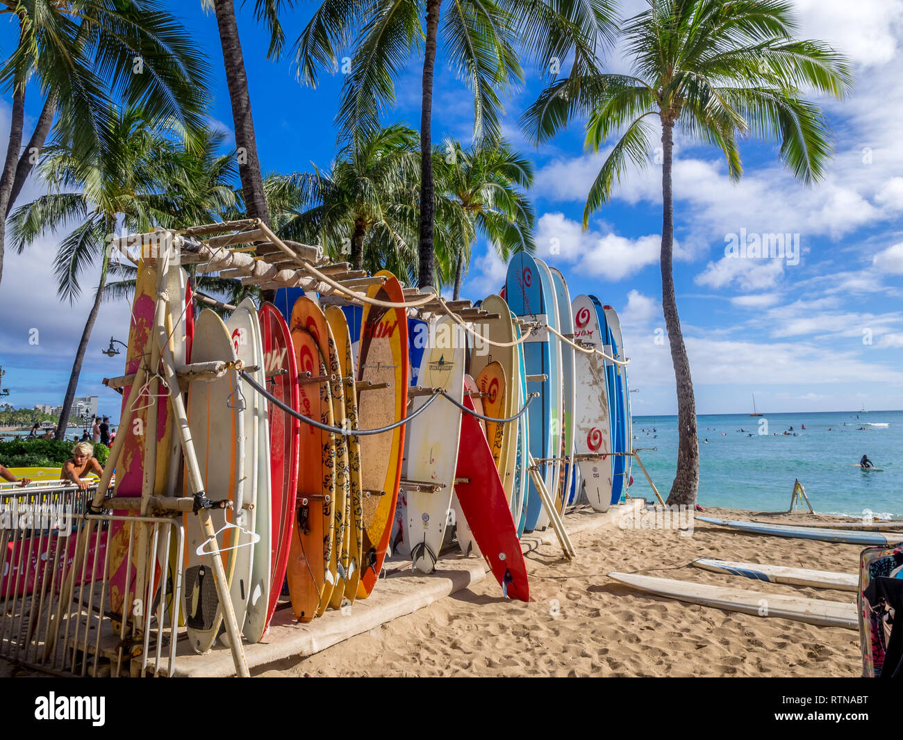 Surf rental shop on Waikiki beach on August 2, 2016 in Honolulu, Usa