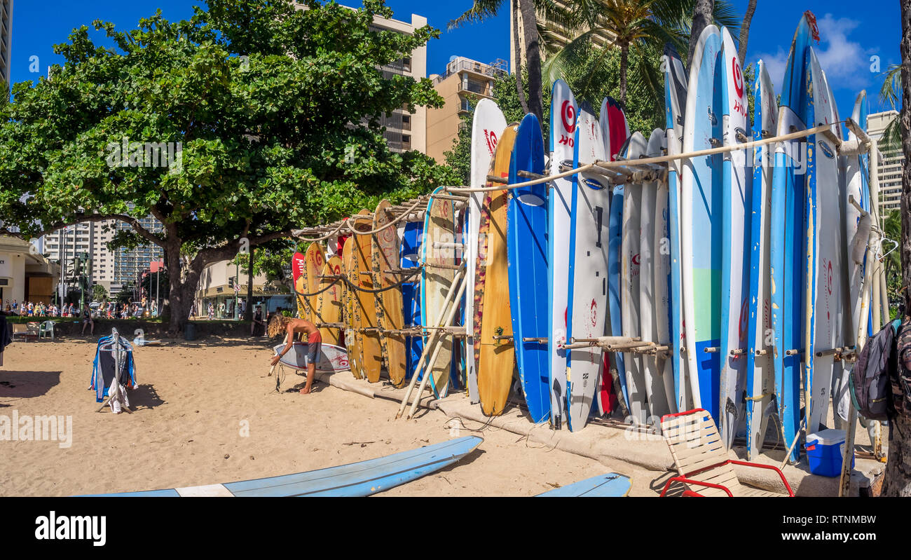Surf rental shop on Waikiki beach on August 2, 2016 in Honolulu, Usa