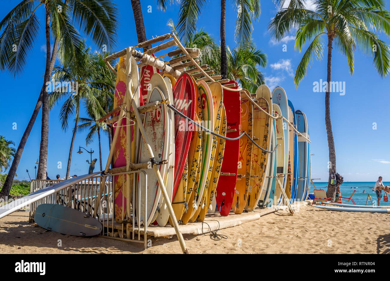 Surf rental shop on Waikiki beach on August 4, 2016 in Honolulu, Usa