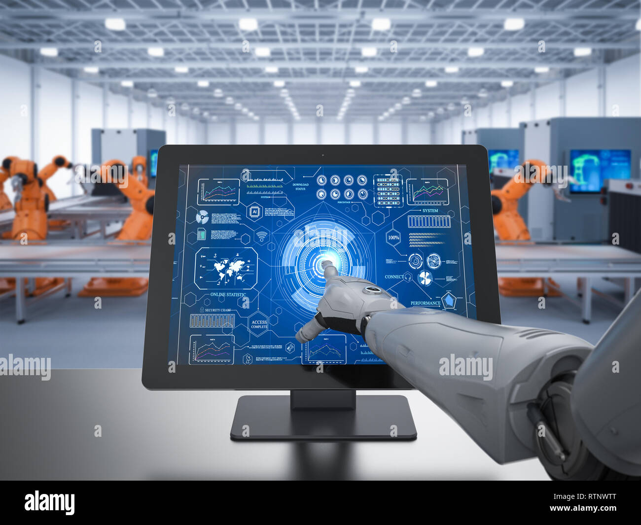 Smart factory concept with 3d rendering robot working with computer in factory Stock Photo
