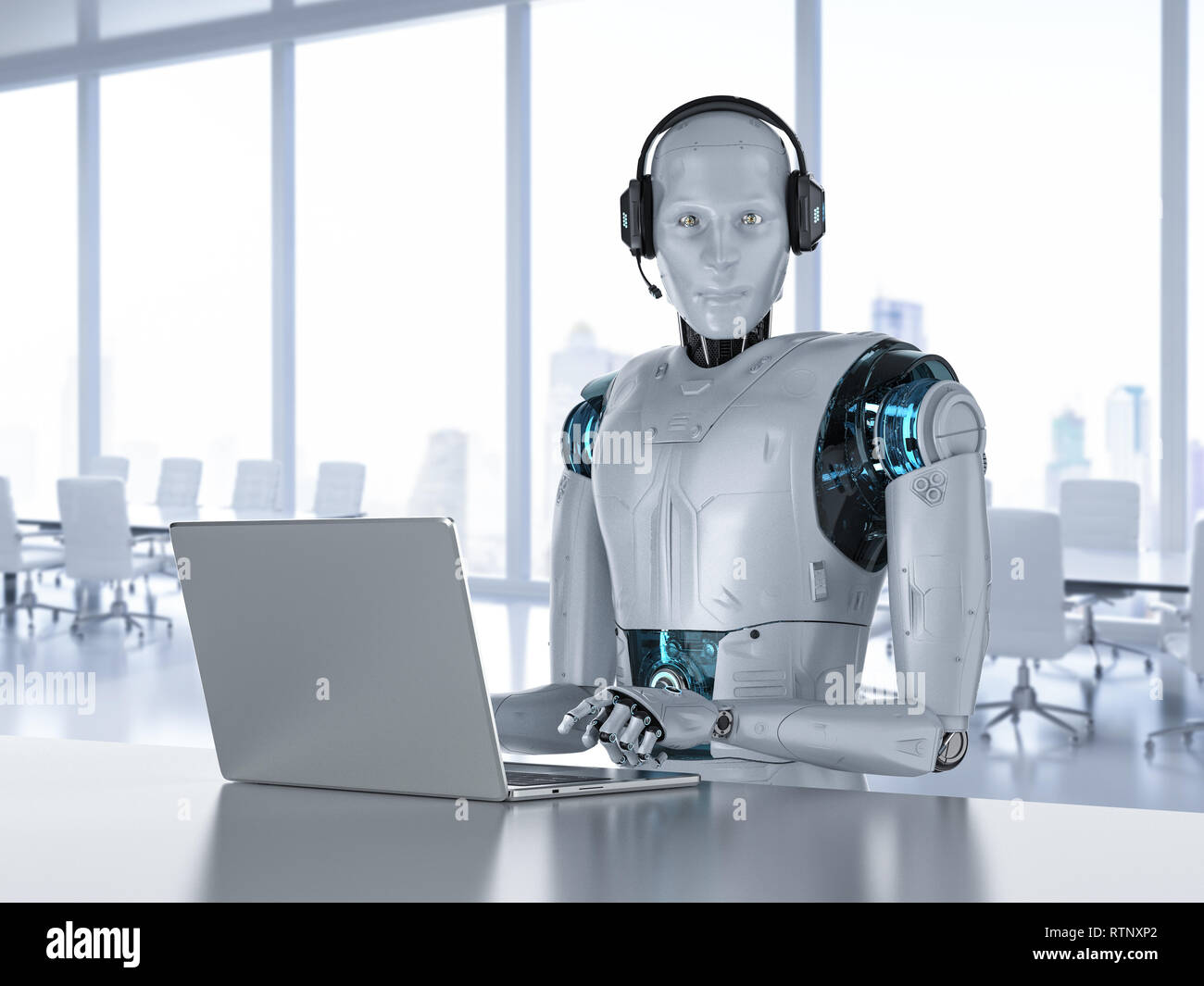 Chat bot concept with 3d rendering humanoid robot with headset work on  computer notebook Stock Photo - Alamy