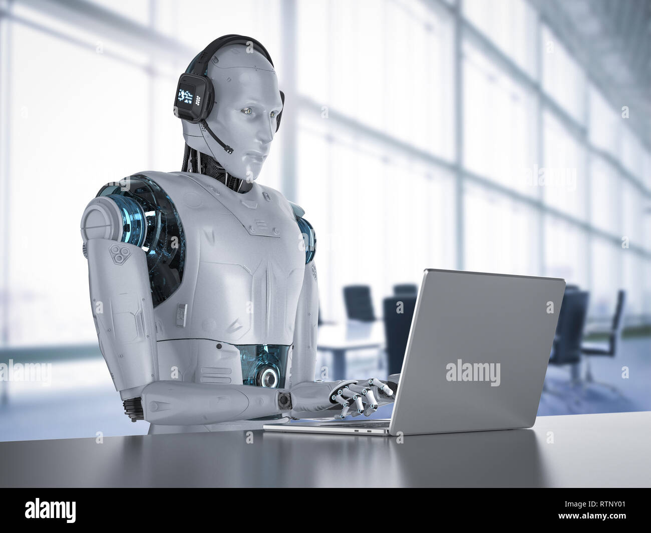 Chat bot concept with 3d rendering humanoid robot with headset work on computer notebook Stock Photo