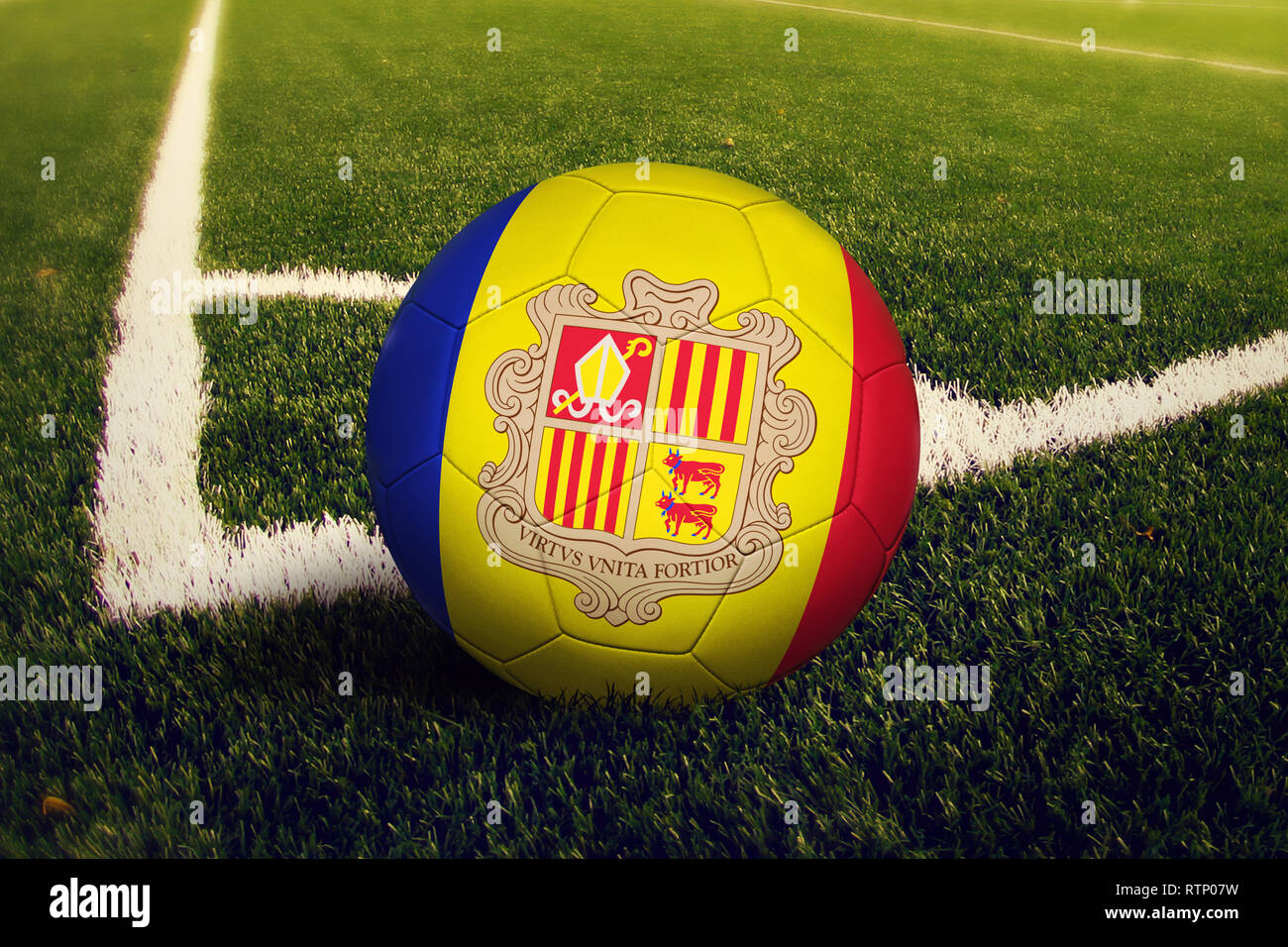 Andorra ball on corner kick position, soccer field background. National