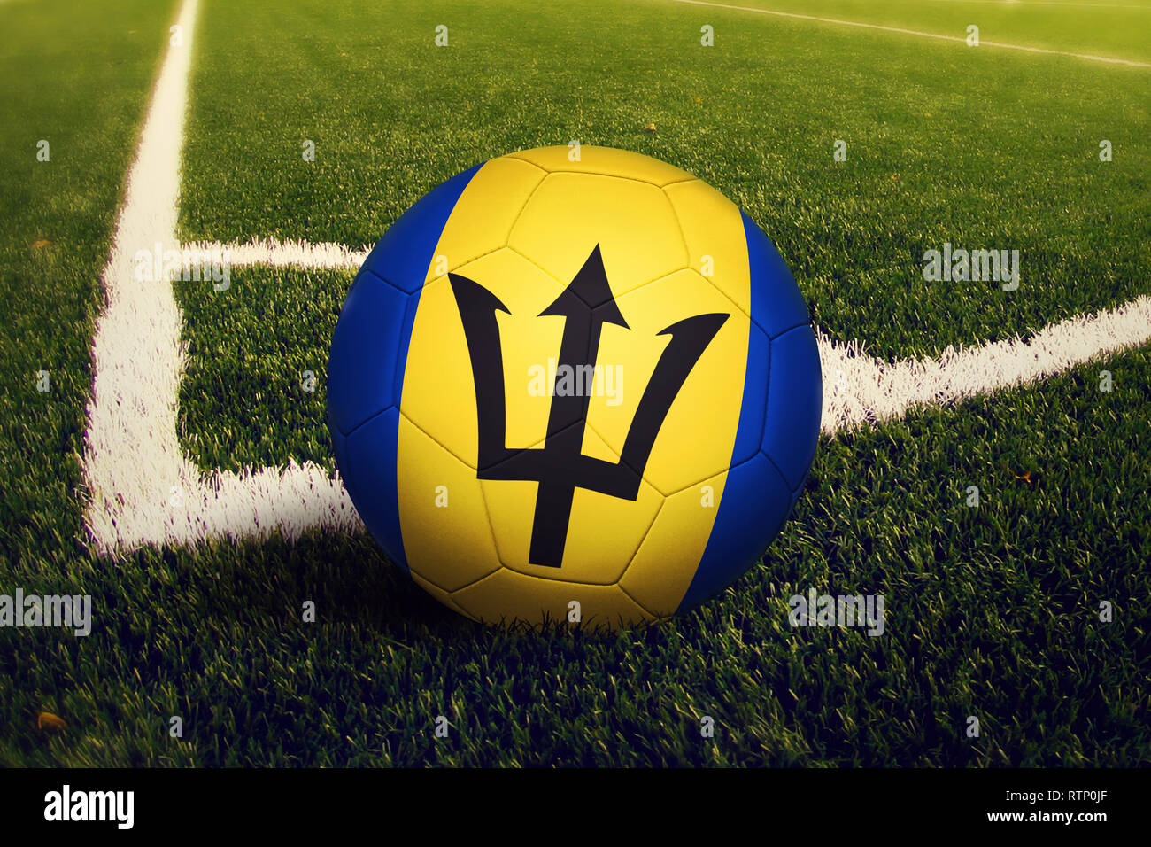 Barbados ball on corner kick position, soccer field background