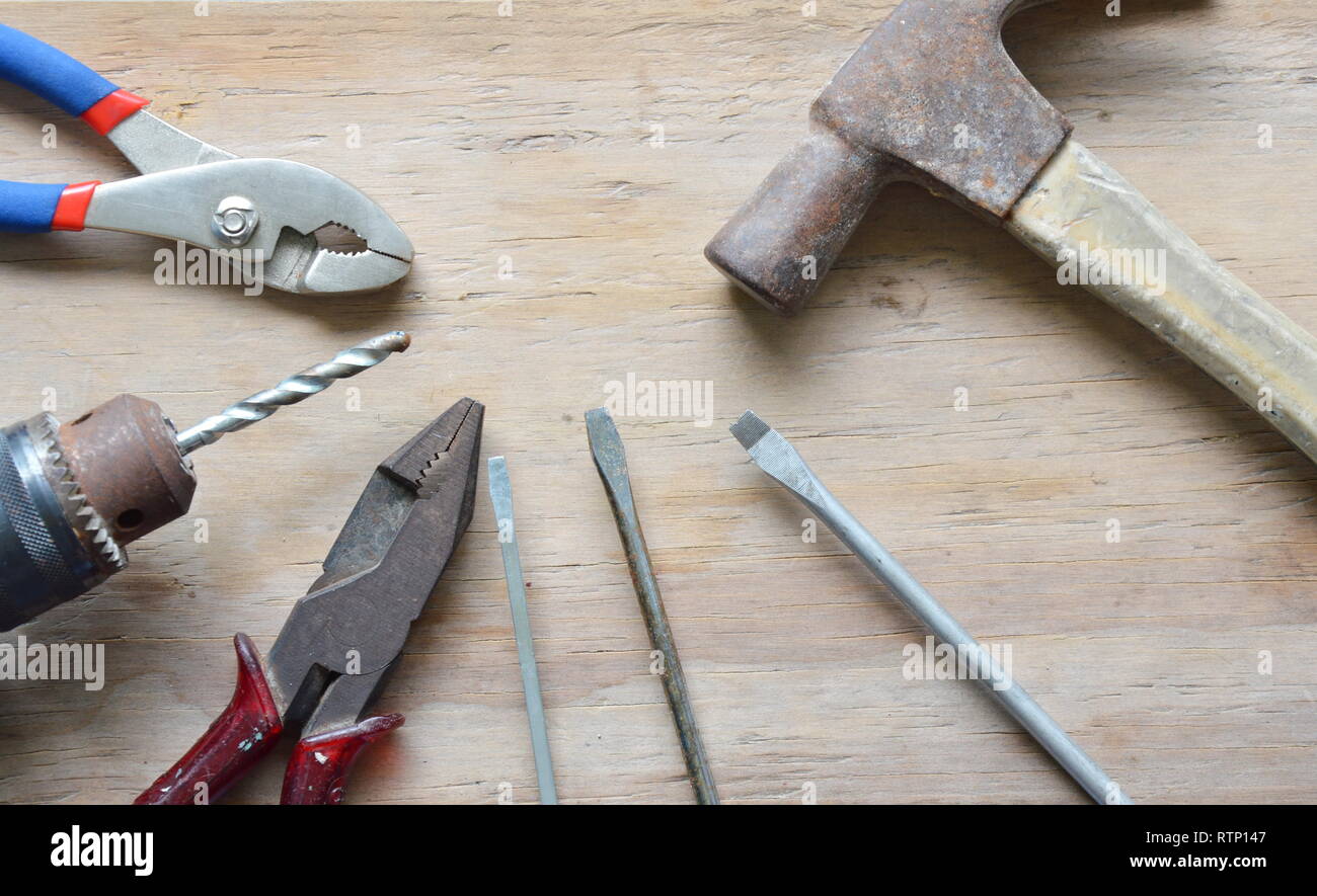 mechanic tool on wooden board Stock Photo