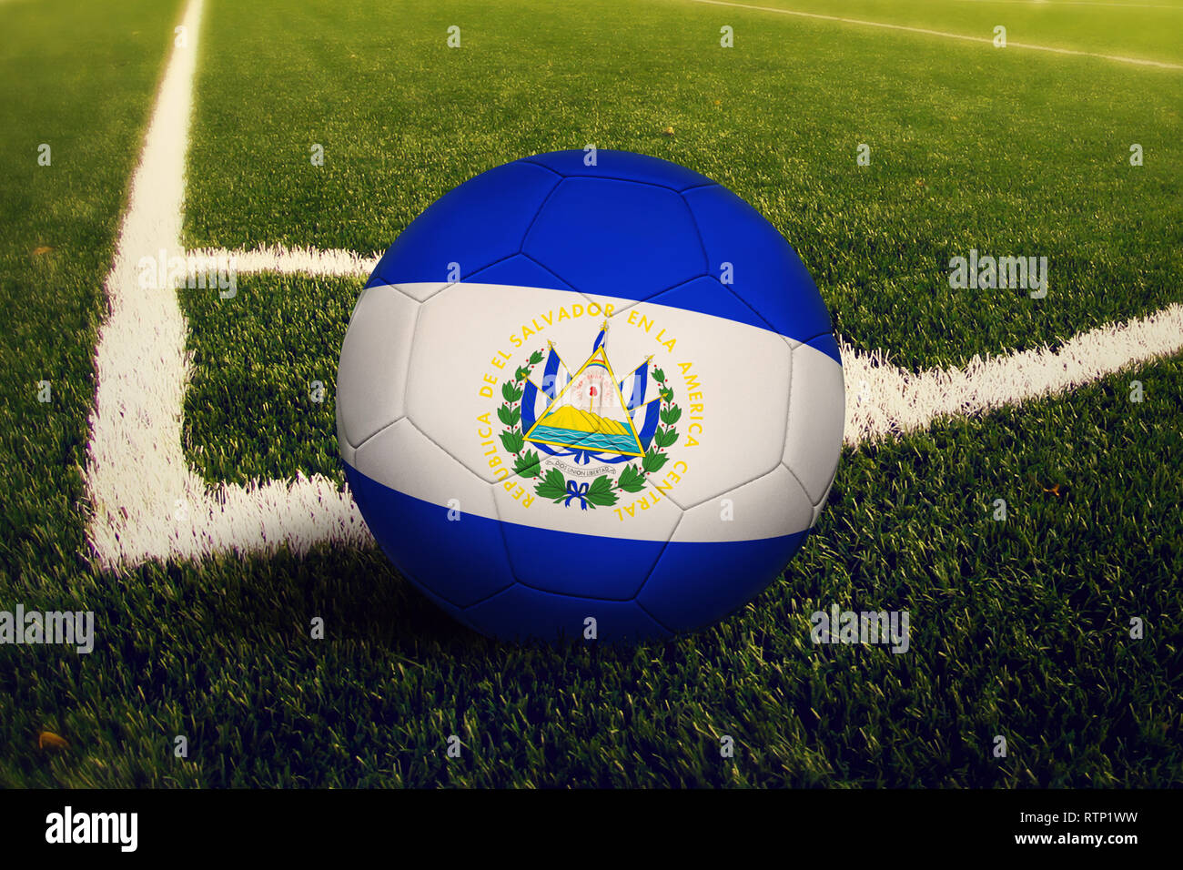 El Salvador ball on corner kick position, soccer field background. National football theme on