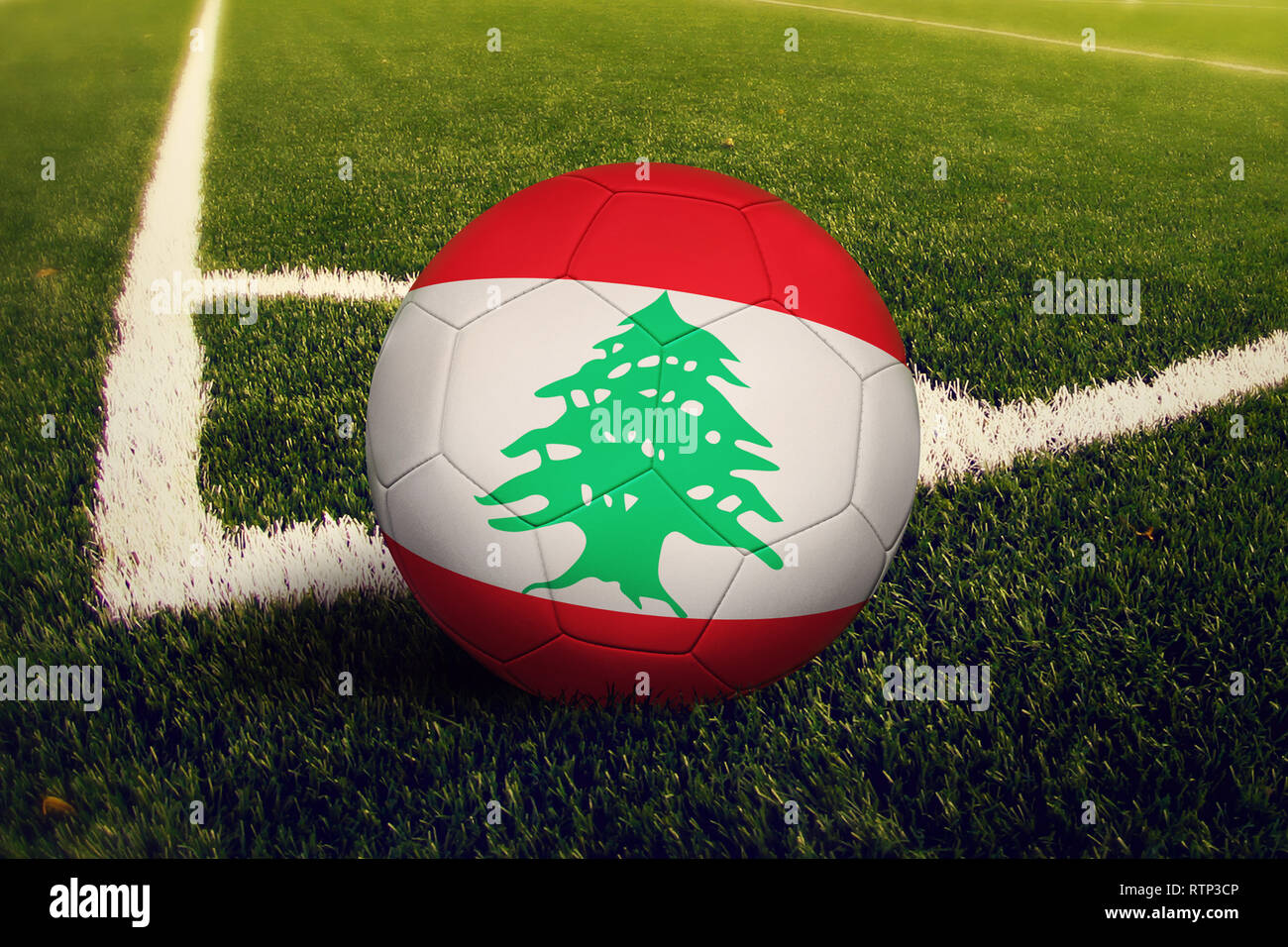 Lebanon ball on corner kick position, soccer field background. National