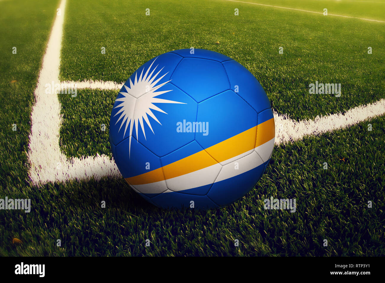 Marshall Islands ball on corner kick position, soccer field background